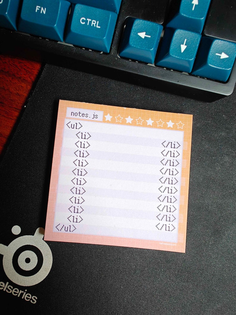 May include: A pink sticky note with a grid pattern and five stars at the top. The note has the text "notes.js" at the top and contains HTML code for an unordered list with list items.
