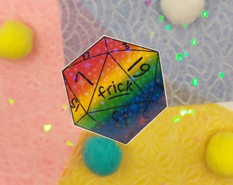 May include: A rainbow iridescent holographic sticker of a 20-sided die with the word "frick" written on one side.