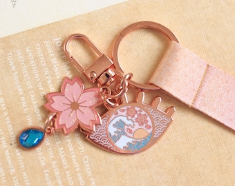 Aesthetic, Sunset, Eye of the Wave, Great Wave, Cherry Blossoms, Sakura, Rose Gold Keychain || Optometry, Ophthalmology, & Opticianry Gift