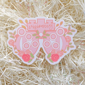 May include: Pink eye chart sticker with a floral design and the word "visionary" in cursive.