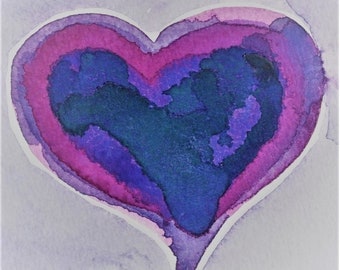 Heart Art Card from original, Contemporary Valentine or Anniversary blank card, Love You watercolour painting card, Quirky purple heart card