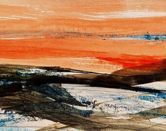 Sunset Landscape Art Card: Hills Watercolour Painting print