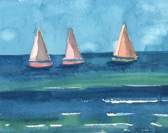 Sailing Boats Art Card: Coastal Watercolour print