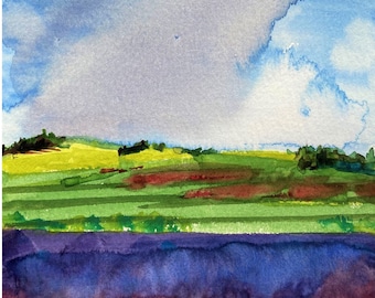 Lavender Fields Landscape Art Card: Cotswolds Fields painting print