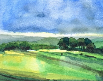 English Landscape Art Card: Trees Fields Watercolour print