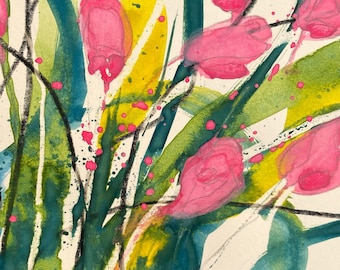 Pink Rose Buds Art Card: Contemporary Floral Watercolour print