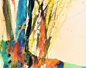 Trees Art Card: Sunlit Woodland Watercolour Painting