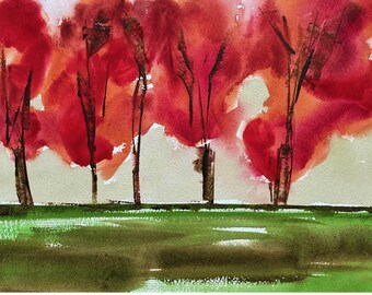 Autumn Oak Trees Watercolour Art Card, Fall Colors