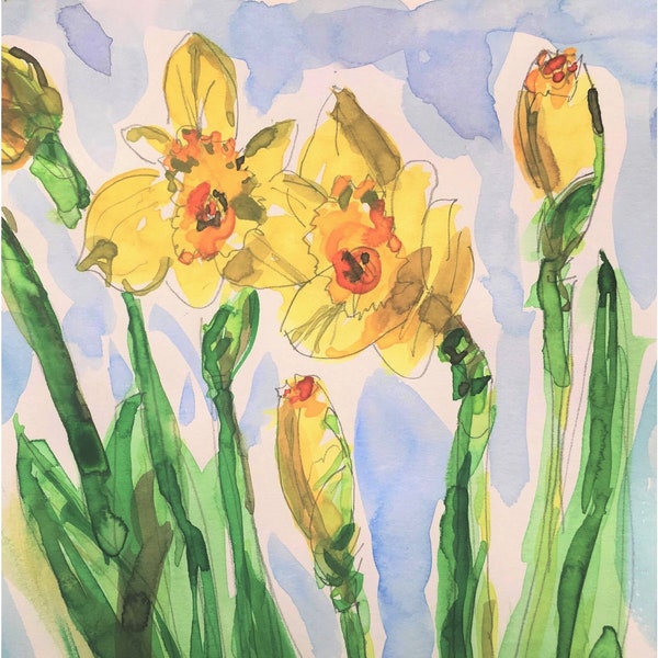 Daffodils Art Card from original, Contemporary Spring flowers blank card, Narcissi watercolour painting card, Modern yellow floral greeting