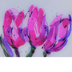 Pink Tulips Art Card from original, Contemporary Spring tulips blank card, Tulips watercolour painting card, (METALLIC PEN best for writing)