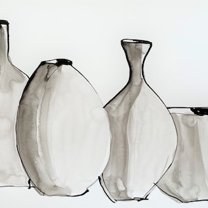 Pottery Art Card from original, Ceramics blank card, Contemporary bottle vase bowl greeting, Black & White pot drawing, Arts and Crafts card