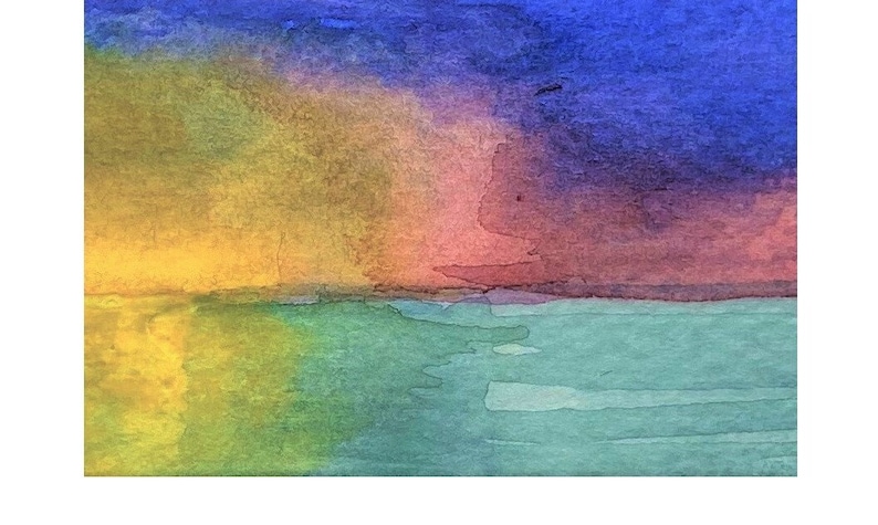 May include: Abstract watercolor painting with a gradient of yellow, green, blue, and purple. The colors blend together to create a soft, dreamy effect.