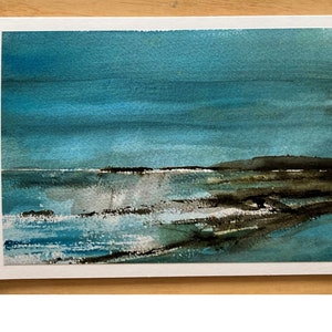 Contemporary Coastal Art Card from original, Waves rocks seascape blank card, Cornwall inspired painting card, Beach scene greeting blank image 3