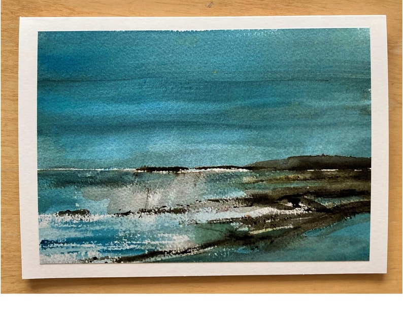 Contemporary Coastal Art Card from original, Waves rocks seascape blank card, Cornwall inspired painting card, Beach scene greeting blank image 3