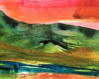 Yorkshire Dales Sunset Art Card: Landscape Watercolour print