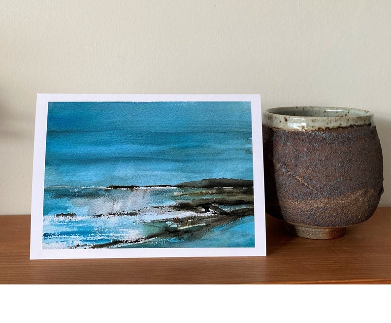 Contemporary Coastal Art Card from original, Waves rocks seascape blank card, Cornwall inspired painting card, Beach scene greeting blank image 2