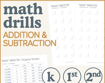 May include: A set of printable math worksheets for addition and subtraction, titled "Mad Minute". The worksheets feature 36 problems each and are designed for timed practice. The image also includes a progress tracker to monitor student performance.