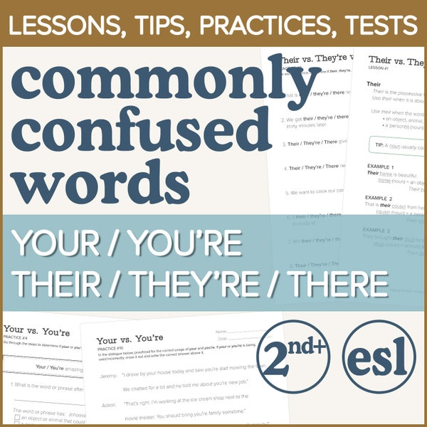 Printable Grammar Worksheets for 2nd Grade & Up, Pronouns, ESL Practice, Learning English Grammar, Homonyms, Commonly Confused Words