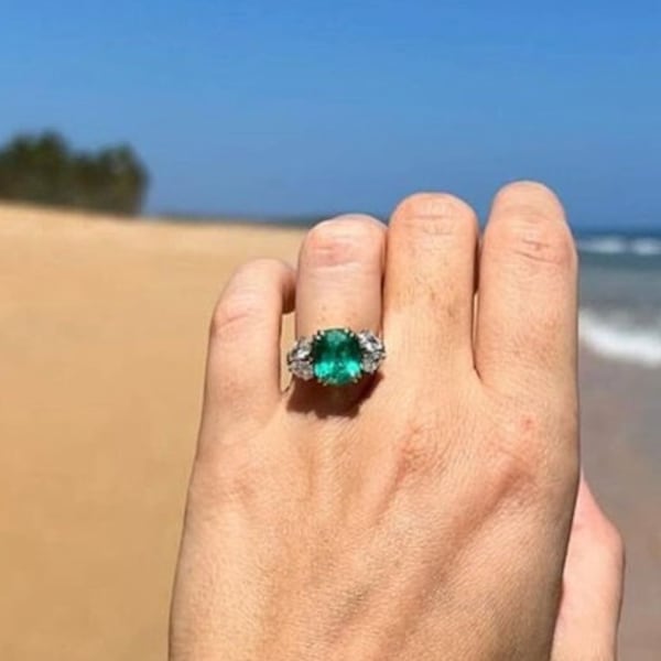 Five Stone Ring, Emerald Ring, Cushion & Pear Cut Diamond Engagement Ring, Green Sapphire Ring, Unique Wedding Ring, 14k Solid Gold Ring