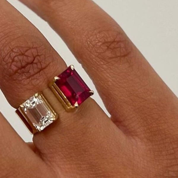 Toi Et Moi Ring, Two Stone Wedding Ring, Red Ruby Ring, Emerald Cut Diamond Engagement Ring, Gap Midi Thick Wide Band Ring, 14k Solid Gold