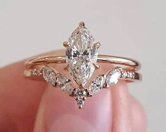 Bridal Ring Set, Marquise Cut Engagement Ring Set, Solitaire Ring, Curved Band, 1.5CT Marquise Cut Moissanite Wedding Ring, 14K Gold Ring