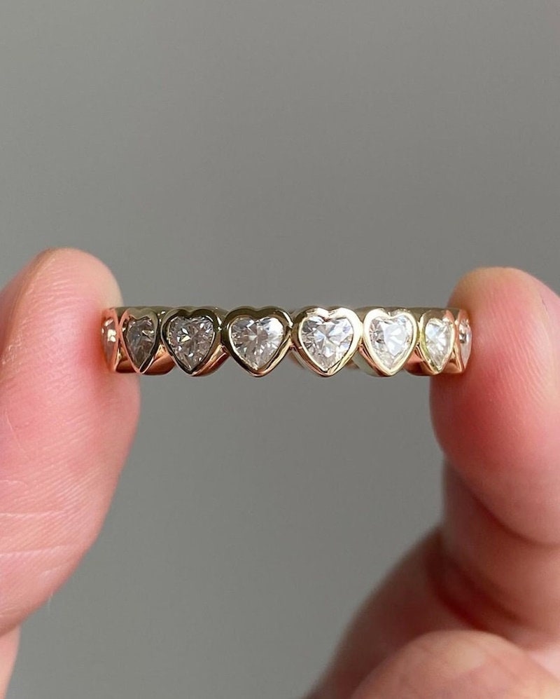 Eternity Wedding Band Heart Shape Engagement Ring Bezel Set Ring 14K