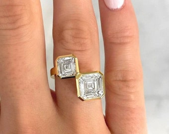 Bypass Ring, Two Stone Ring, Asscher Cut Moissanite Engagement Ring, Bezel Set Ring, You And Me Ring, Unique Ring For Women, 14k Gold Ring