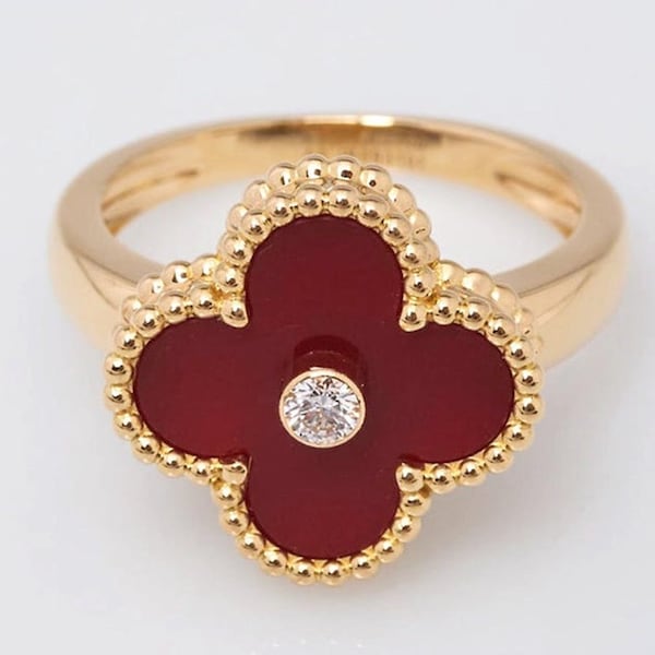 Vintage Style Ring, Alhambra Ring, Red Enamel Ring, Four Leaf Clover Ring, Bezel Set Red Enamel Floral Ring, Good Luck Ring, Milgrain Ring