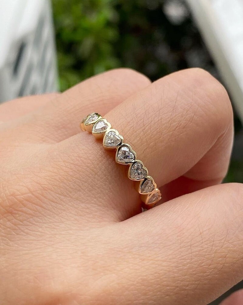 Eternity Wedding Band Heart Shape Engagement Ring Bezel Set Ring 14K