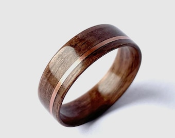 Walnut Wood Inlay Ring, Rustic Wedding Band with Copper, Handcrafted Bentwood Ring for Men or Women