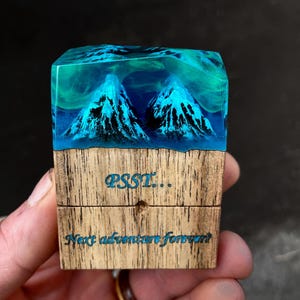 Unique Northern Lights Engagement Ring Box. Mountain Wood & Resin Ring Box Proposal
