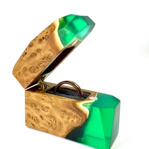 personalized thin wooden box with green resin for engagement. Compact Jewelry Box. Unique gift for her on Anniversary Day