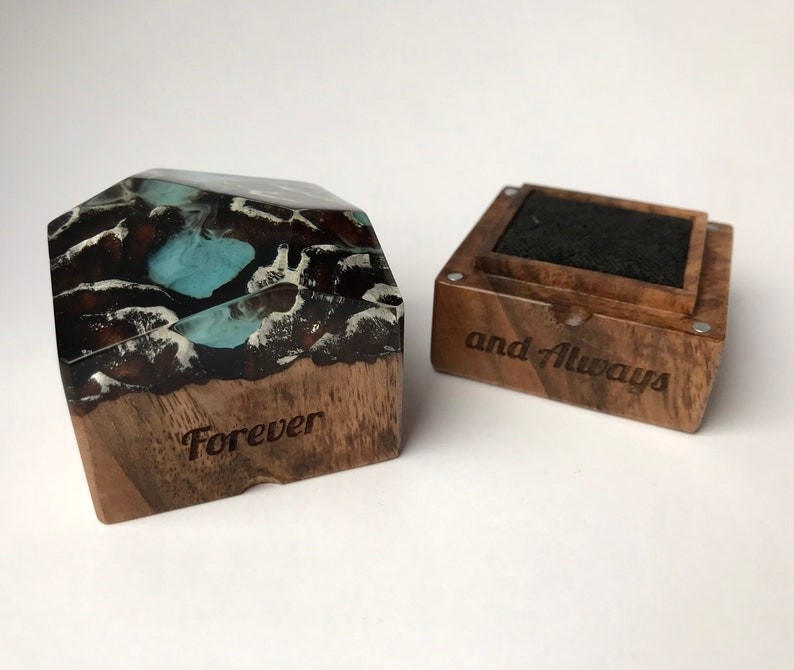 Custom engraved proposal wood and resin ring box.Valentines engagement ring holder slim personalized wood ring box
