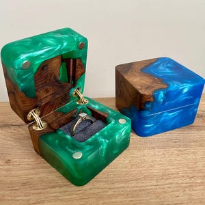 Unique slim engagement ring box from epoxy and wood. Engagement ring holder for elegant slim ring. Anniversary Day gift for her