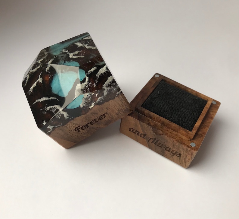 Custom engraved proposal wood and resin ring box.Valentines engagement ring holder slim personalized wood ring box