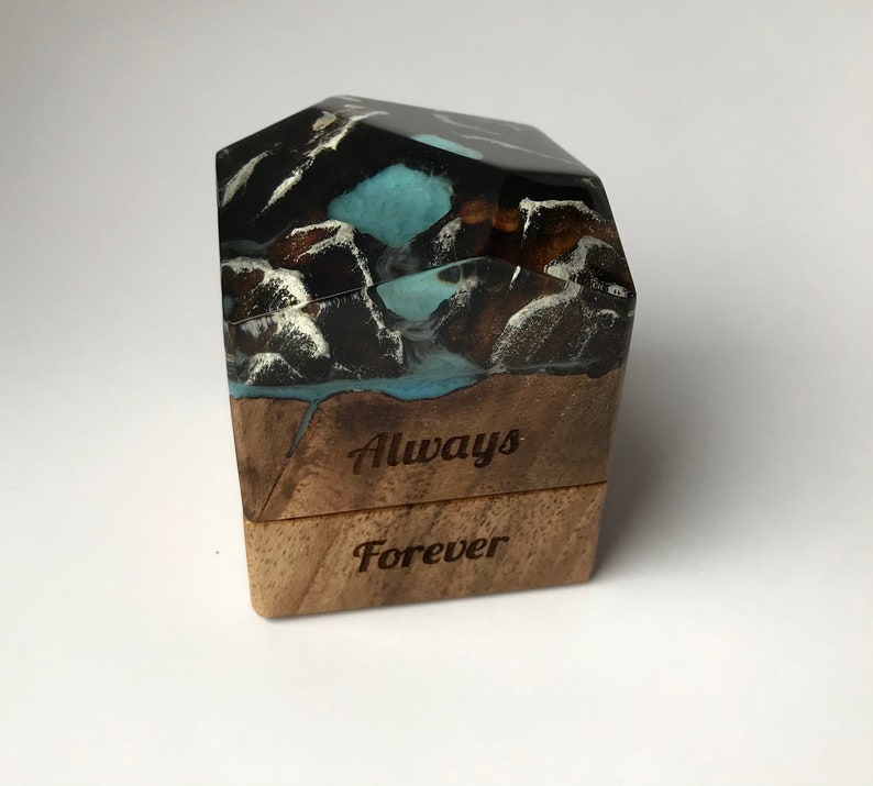 Custom engraved proposal wood and resin ring box.Valentines engagement ring holder slim personalized wood ring box
