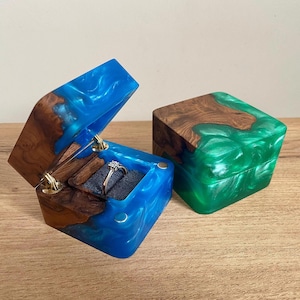 Slim. Luxury ring bearer box for proposal of epoxy and wood. Cute resin ring holder engagement. Compact wooden ring case for gift