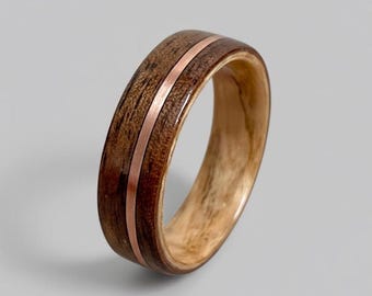 Bague en bois courbé en bois de chêne noyer, alliance incrustée de cuivre, cadeau d'anniversaire pour homme