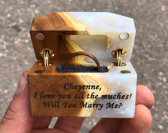 Luxury ring bearer box for proposal of epoxy and wood. Cute resin ring holder engagement. Compact wooden ring case for gift