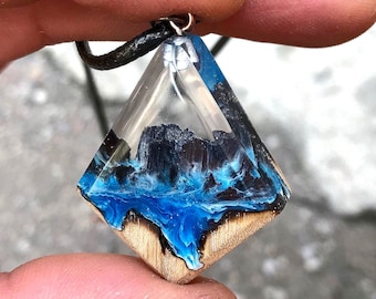 Ocean Resin Pendant, Handmade Oak Wood Necklace