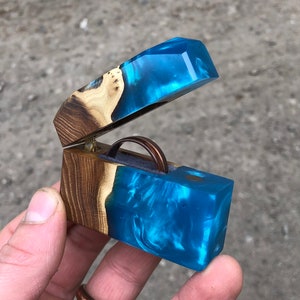 Luxury epoxy and wood ring box. Cute resin engagement ring holder. Compact personalized ring case for gift