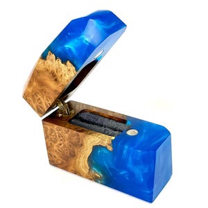 Unique slim engagement ring box from epoxy and wood. Engagement ring holder for elegant slim ring. Anniversary Day gift for her