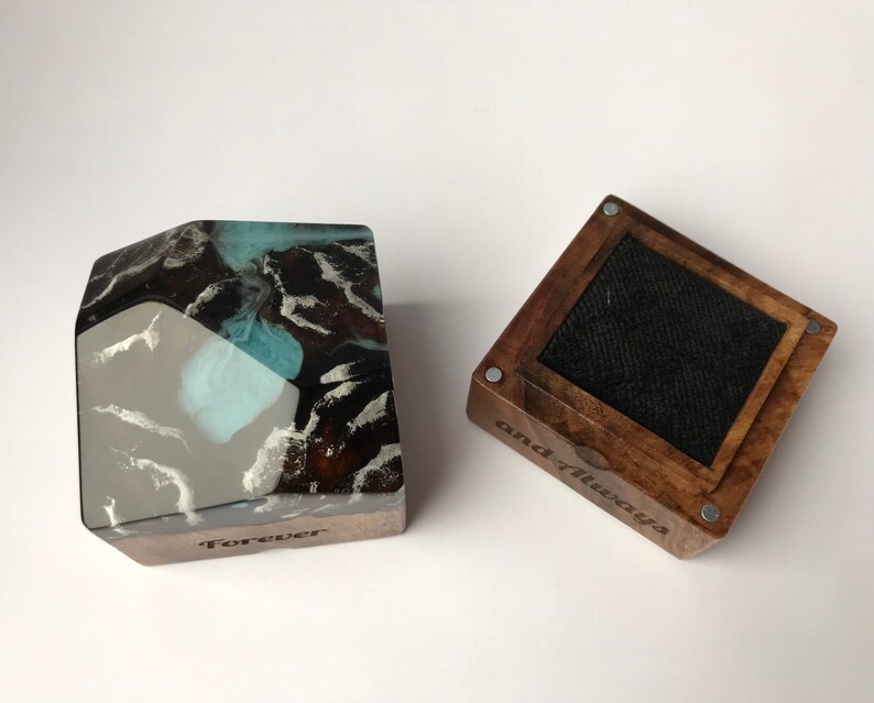 Custom engraved proposal wood and resin ring box.Valentines engagement ring holder slim personalized wood ring box