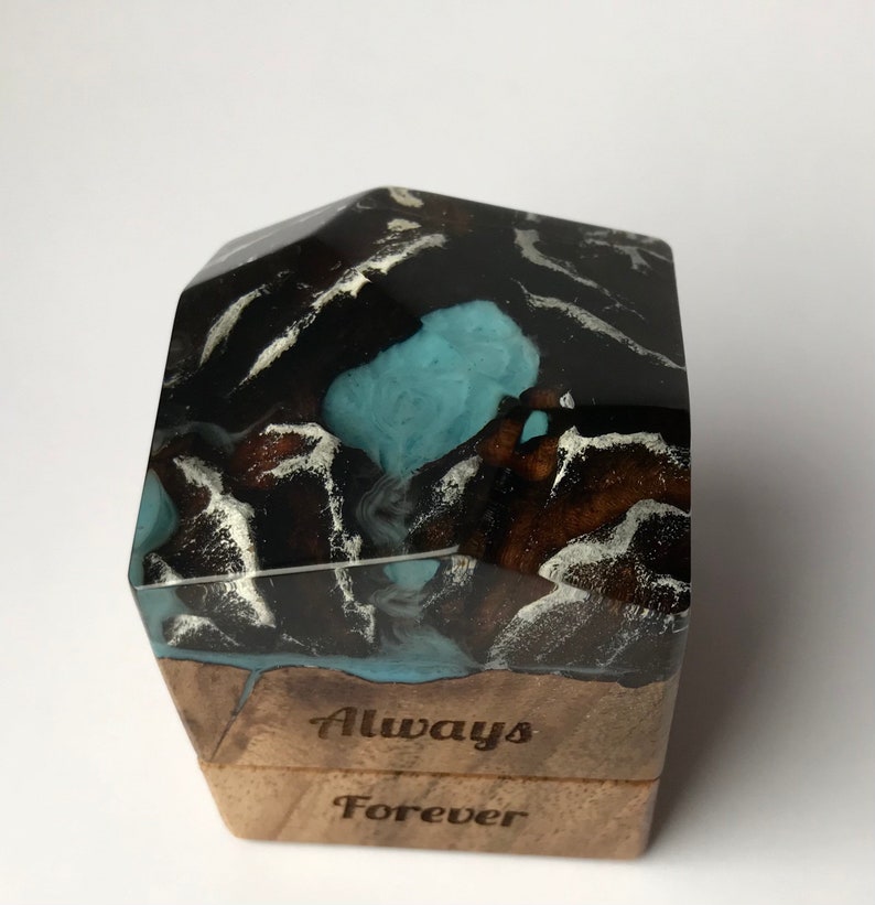 Custom engraved proposal wood and resin ring box.Valentines engagement ring holder slim personalized wood ring box