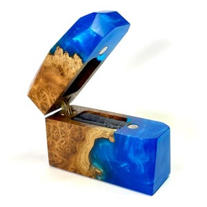 Blue Epoxy Resin Wood Ring Box: Slim Engagement Ring Holder