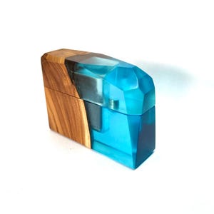 Slim. Luxury ring bearer box for proposal of epoxy and wood. Cute resin ring holder engagement. Compact wooden ring case for gift