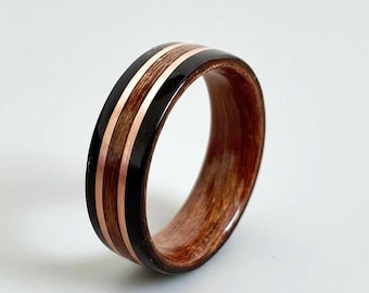 Ebony & Copper Inlay ring, Wood Wedding Band