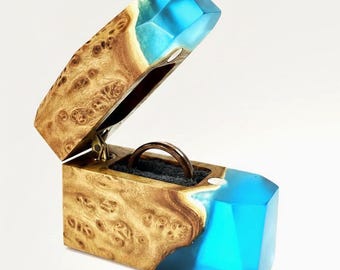 Slim Geometric Wood Resin Ring Box, Proposal Engagement Wedding Ring Holder