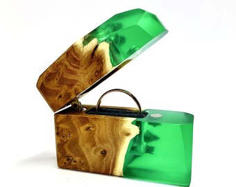 Slim Geometric Wood Resin Ring Box, Proposal Engagement Wedding Ring Holder