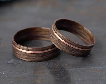 Puede incluir: Dos anillos fabricados en madera de color marrón oscuro, cada uno con una fina banda de incrustación de cobre horizontal que recorre el centro de la superficie exterior. La veta de la madera es visible en ambos anillos circulares.